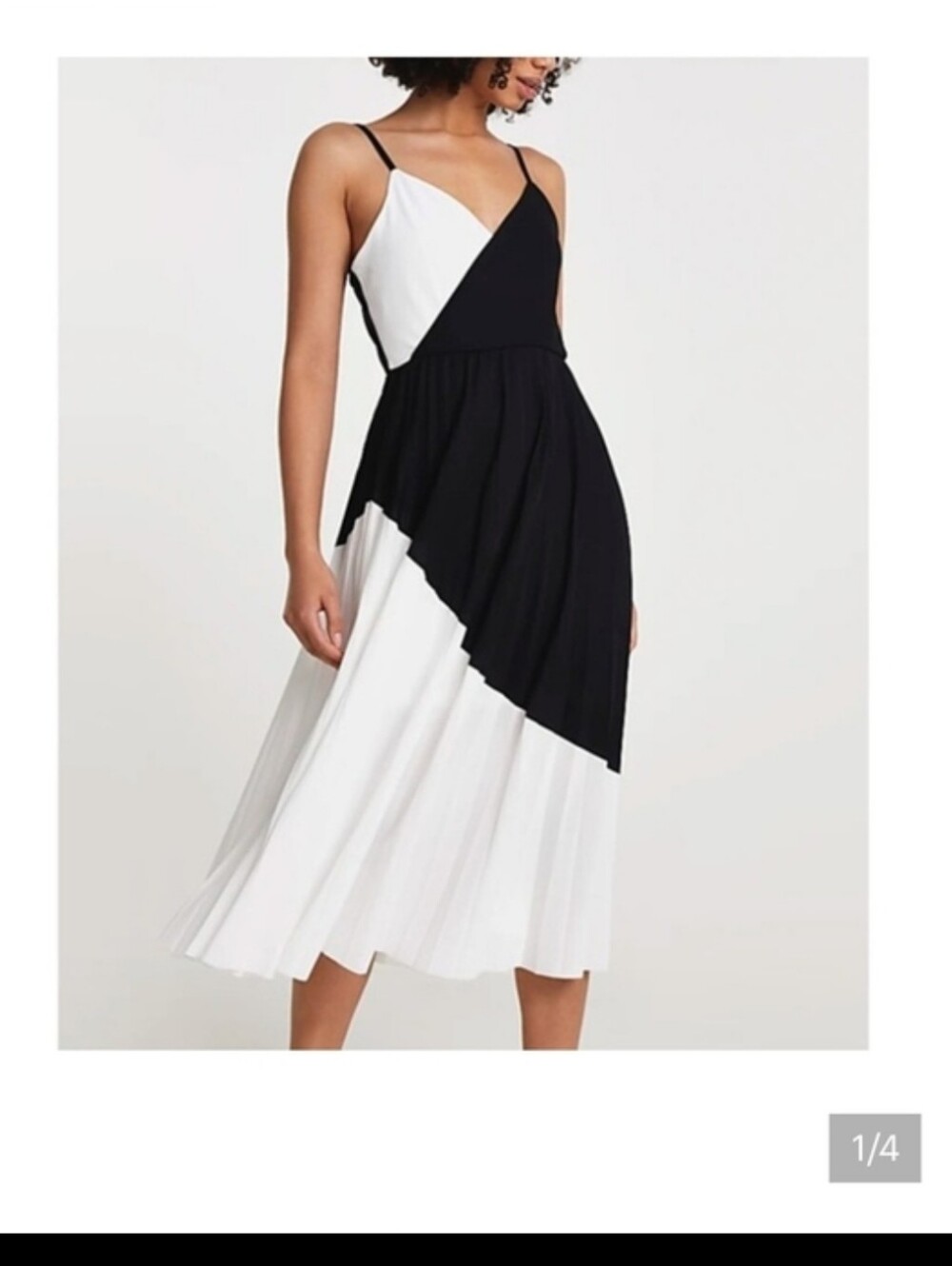 Black & White Pleated Midi Dress with V-Neck